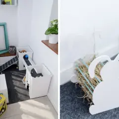 Jak zrobić paśnik dla królika? Biały paśnik w kształcie zajączka z siankiem i patyczkami. Obok klatka z tunelem i rampą.