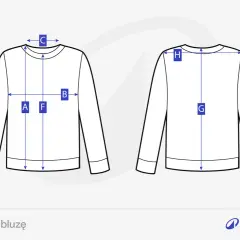 Schemat pokazuje, jak zmierzyć szerokość ramion bluzy (C) oraz inne wymiary, by dobrać idealny rozmiar.