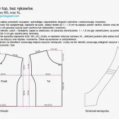 Schemat wykroju luźnego topu bez rękawów z przodem i tyłem oraz schemat ramiaczka.