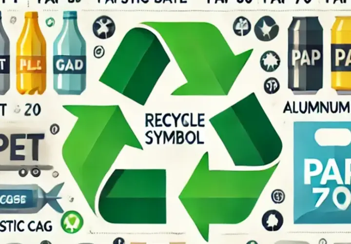 Ilustracja pokazuje znaki recyklingu i ich znaczenie. Widzimy butelki PET, puszki aluminiowe i papierowe, a także symbole recyklingu.