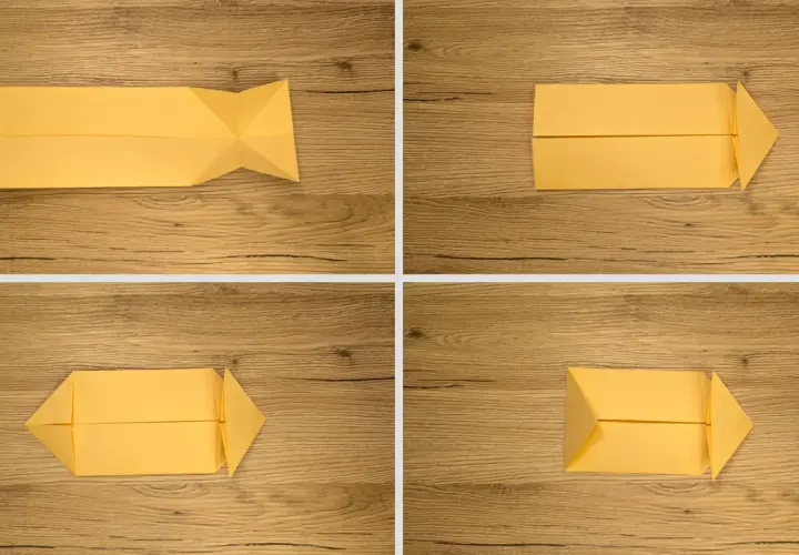 Kroki tworzenia prostego koszyka z papieru. Żółty papier składany na drewnianym tle.