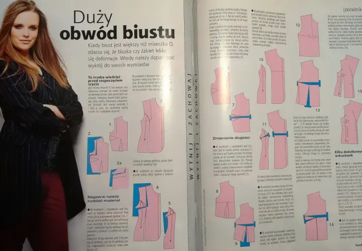 Instrukcja jak zrobić wykrój bluzki dla dużego obwodu biustu. Schematy pokazują, jak dopasować wykrój do sylwetki.