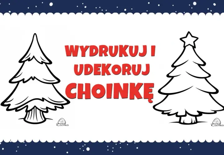 Dwa czarno-białe szablony choinek do druku, gotowe do pokolorowania i udekorowania.