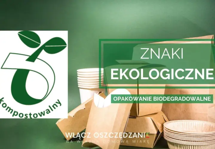 Zielony znak "kompostowalny" i tekst "OPAKOWANIE BIODEGRADOWALNE" na tle ekologicznych opakowań.