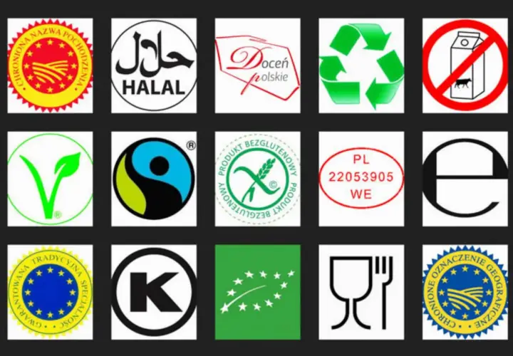 Symbole na opakowaniach i ich znaczenie: certyfikaty żywności, wegańskie, bezglutenowe, pochodzenia, recyklingu, Halal, Kosher, UE.