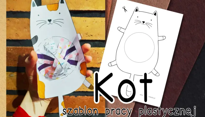 Gotowy szablon kota do wycięcia, obok czarno-biały wzór do druku. Idealny do kreatywnych zabaw plastycznych.