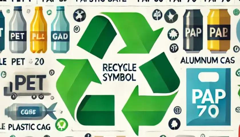 Ilustracja pokazuje znaki recyklingu i ich znaczenie. Widzimy butelki PET, puszki aluminiowe i papierowe, a także symbole recyklingu.