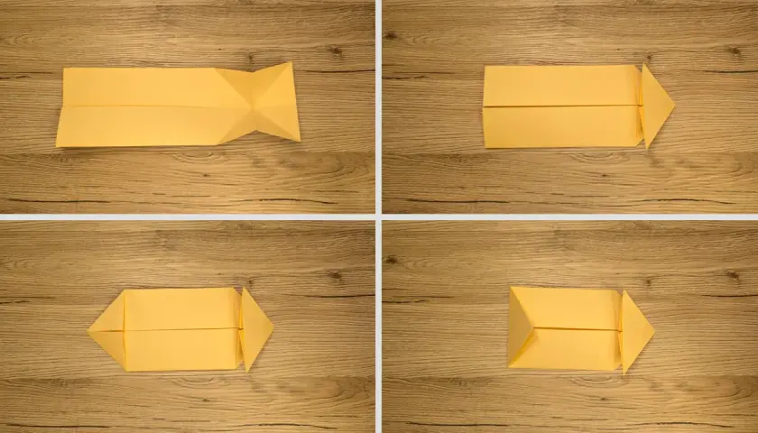Kroki tworzenia prostego koszyka z papieru. Żółty papier składany na drewnianym tle.