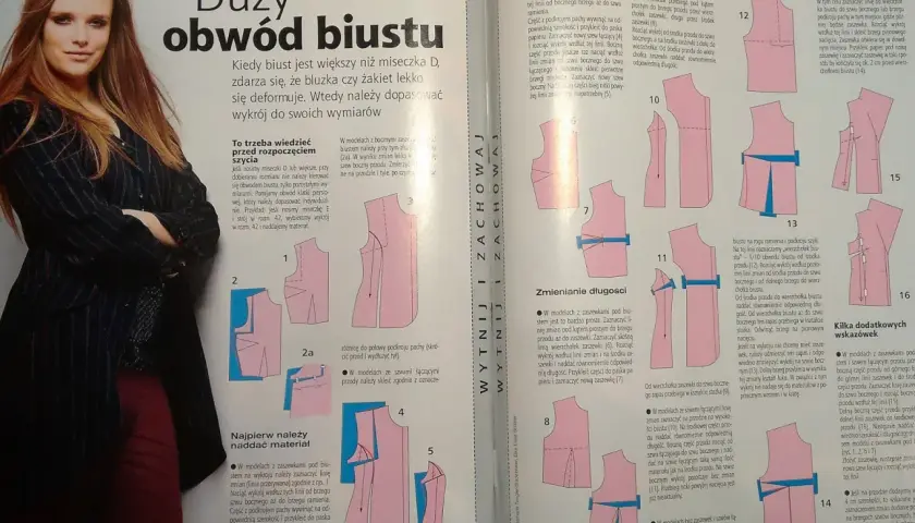 Instrukcja jak zrobić wykrój bluzki dla dużego obwodu biustu. Schematy pokazują, jak dopasować wykrój do sylwetki.