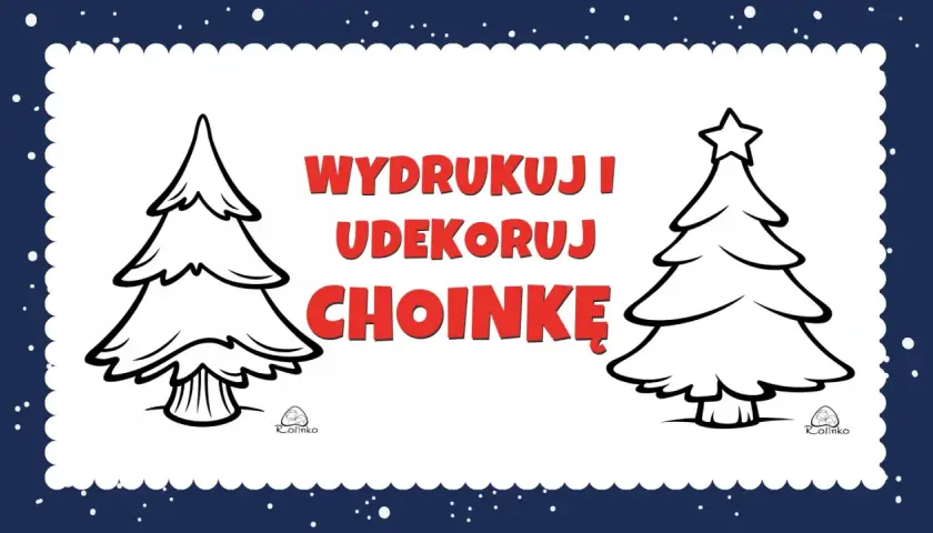 Dwa czarno-białe szablony choinek do druku, gotowe do pokolorowania i udekorowania.
