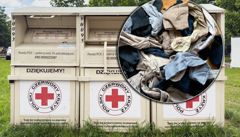 Kontenery Polskiego Czerwonego Krzyża z napisem "DZIĘKUJEMY!" i stos ubrań w okręgu.