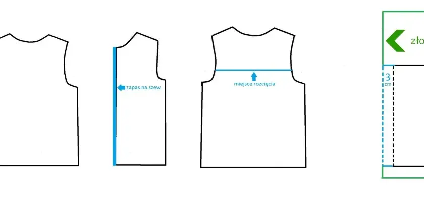 Schemat pokazuje, jak skrócić t-shirt: zaznacz miejsce cięcia, zapas na szew i złożenie materiału.