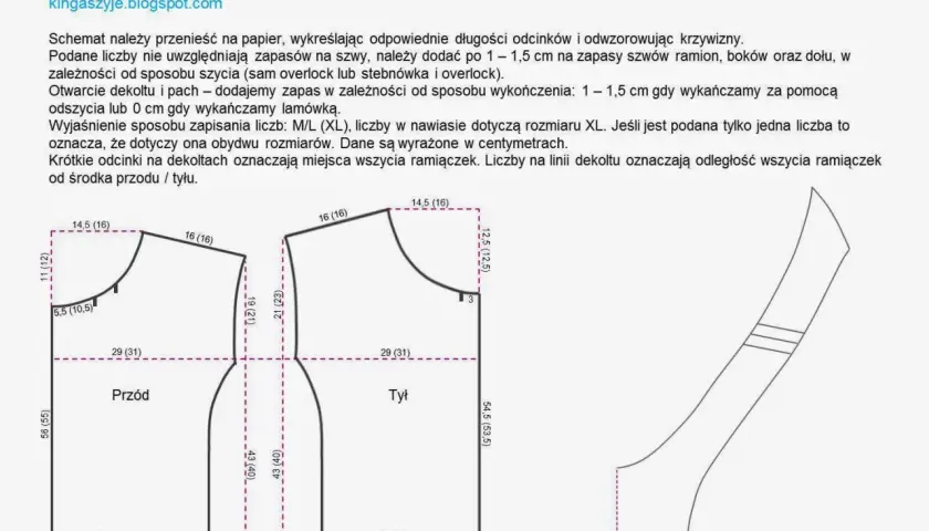 Schemat wykroju luźnego topu bez rękawów z przodem i tyłem oraz schemat ramiaczka.