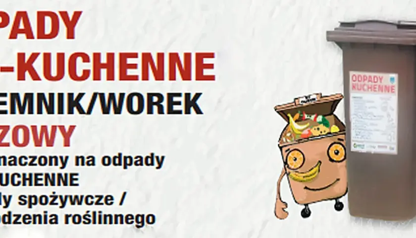 Brązowy pojemnik na odpady bio-kuchenne. Wrzucamy do bio resztki jedzenia i odpadki roślinne.