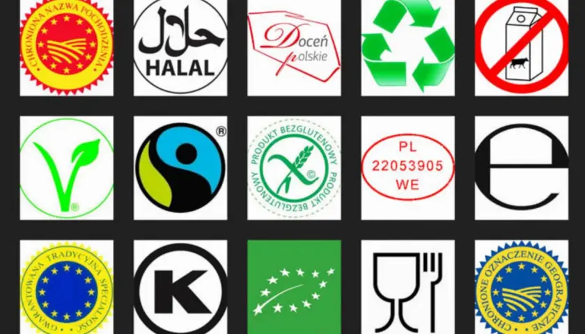 Symbole na opakowaniach i ich znaczenie: certyfikaty żywności, wegańskie, bezglutenowe, pochodzenia, recyklingu, Halal, Kosher, UE.