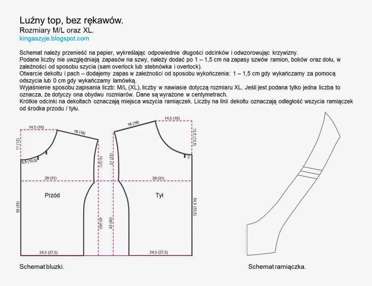 Schemat wykroju luźnego topu bez rękawów z przodem i tyłem oraz schemat ramiaczka.