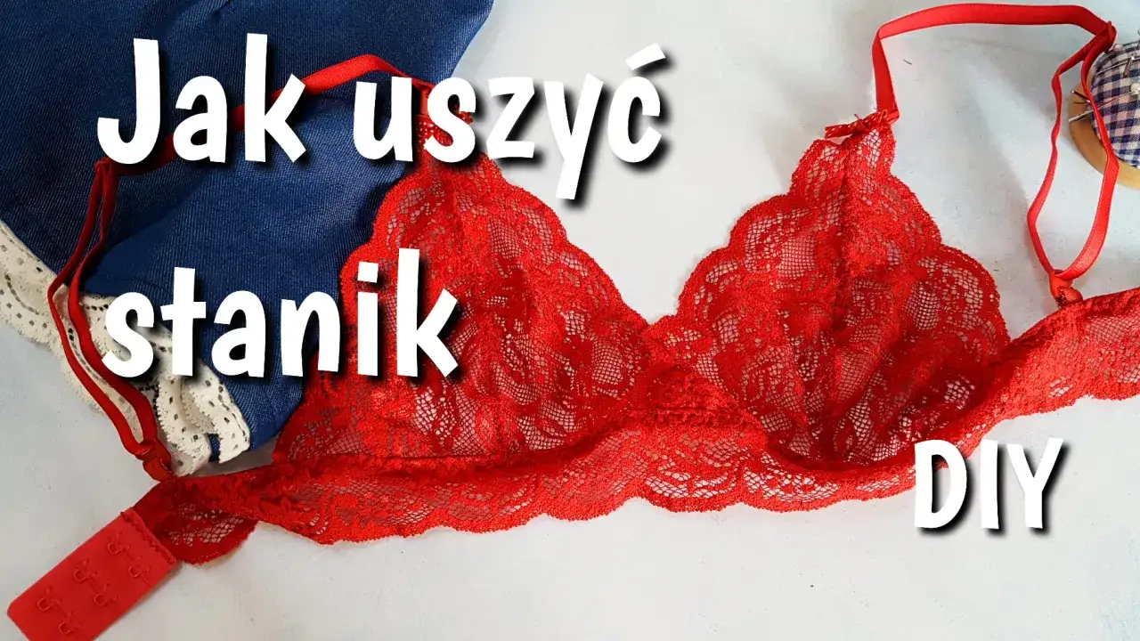 Jak uszyć stanik DIY. Czerwony koronkowy biustonosz i materiały do szycia.