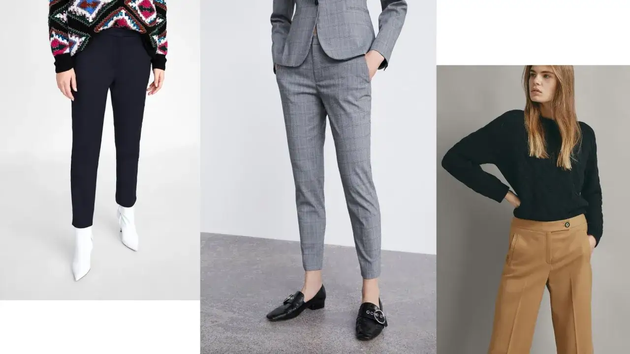 Eleganckie spodnie z zaszewkami w kratę, granatowe i beżowe, prezentują różne style.