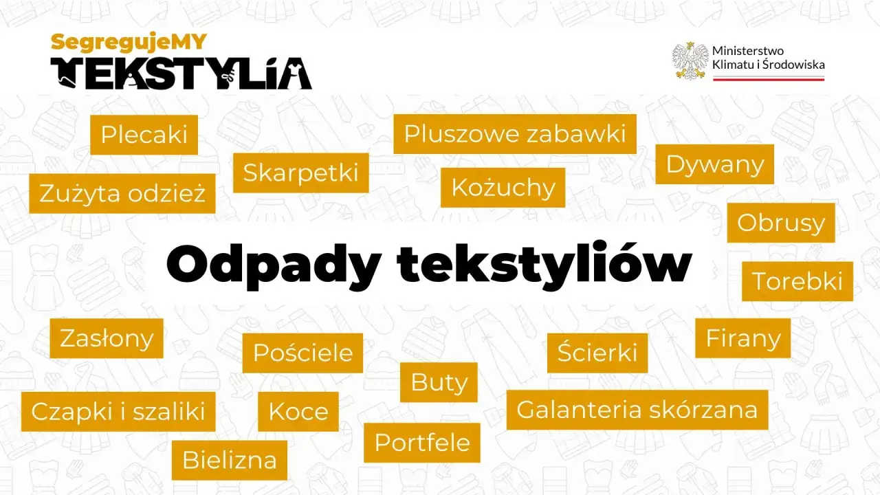 Gdzie oddać stare ciuchy? Na grafice znajdziesz przykłady odpadów tekstylnych: zużyta odzież, pościele, koce, buty, torby, firany i inne.