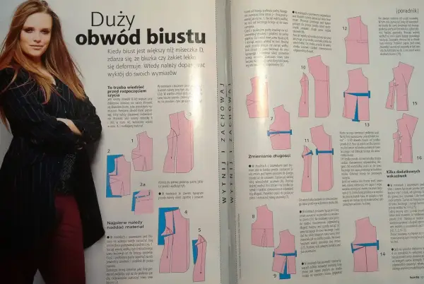 Instrukcja jak zrobić wykrój bluzki dla dużego obwodu biustu. Schematy pokazują, jak dopasować wykrój do sylwetki.